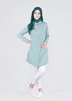 Tesettür giyim YEŞİL T 76215  Allday- Gizli Patlı Ekoseli Tunik