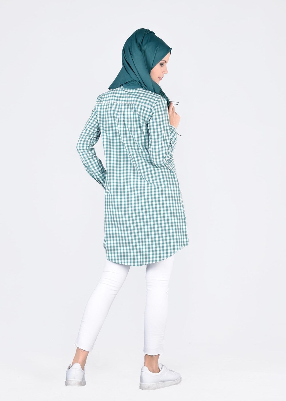 Tesettür giyim YEŞİL T 76215  Allday- Gizli Patlı Ekoseli Tunik