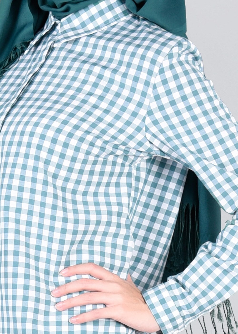 Tesettür giyim YEŞİL T 76215  Allday- Gizli Patlı Ekoseli Tunik