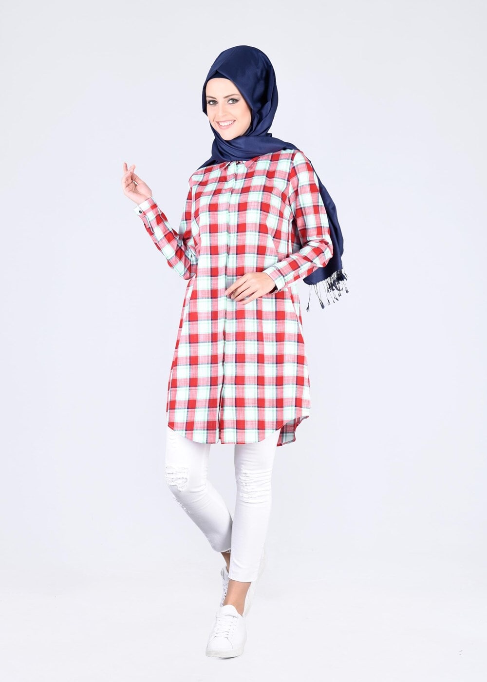 Tesettür giyim YEŞİL T 86215 Allday-Gizli Patlı Ekose Tunik