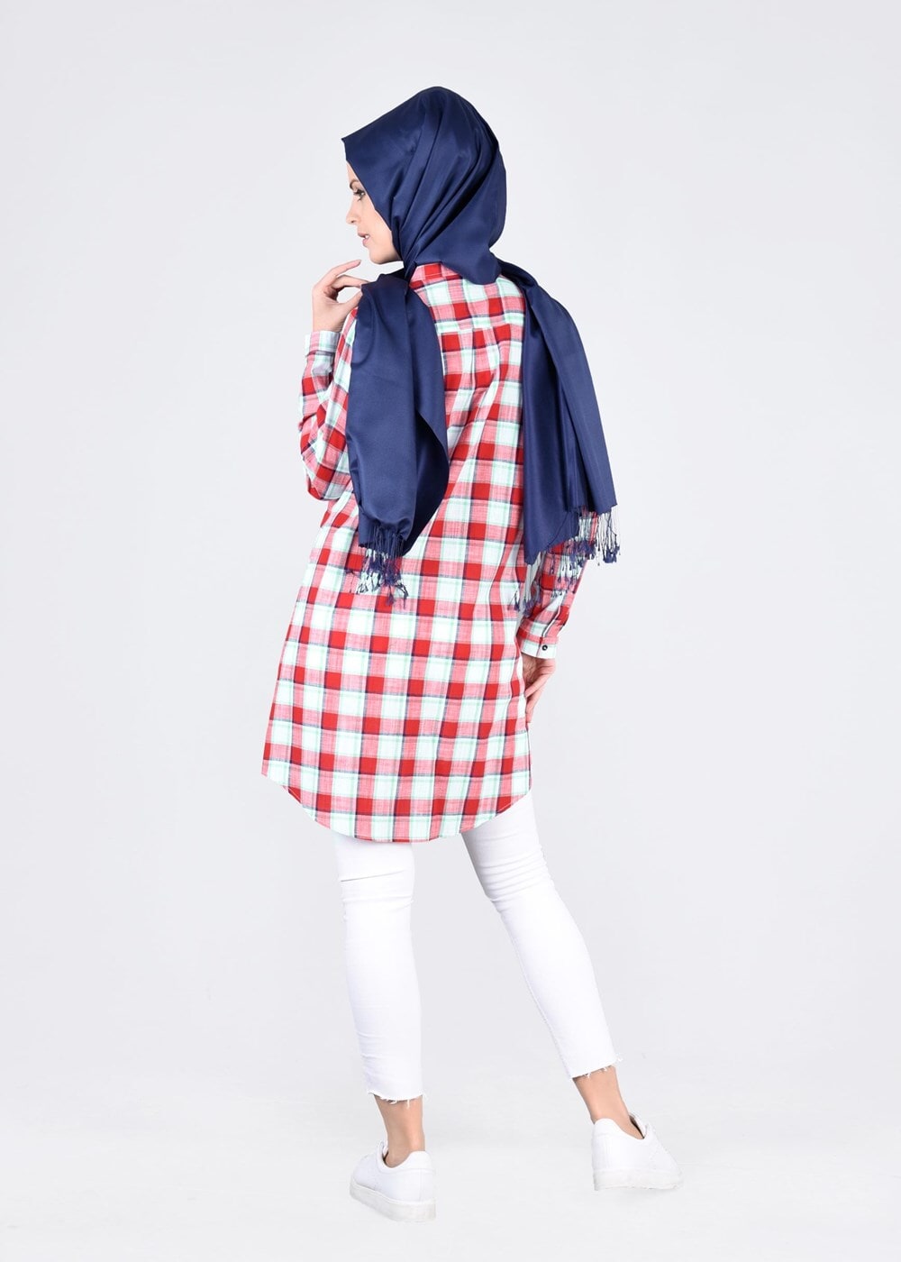 Tesettür giyim YEŞİL T 86215 Allday-Gizli Patlı Ekose Tunik