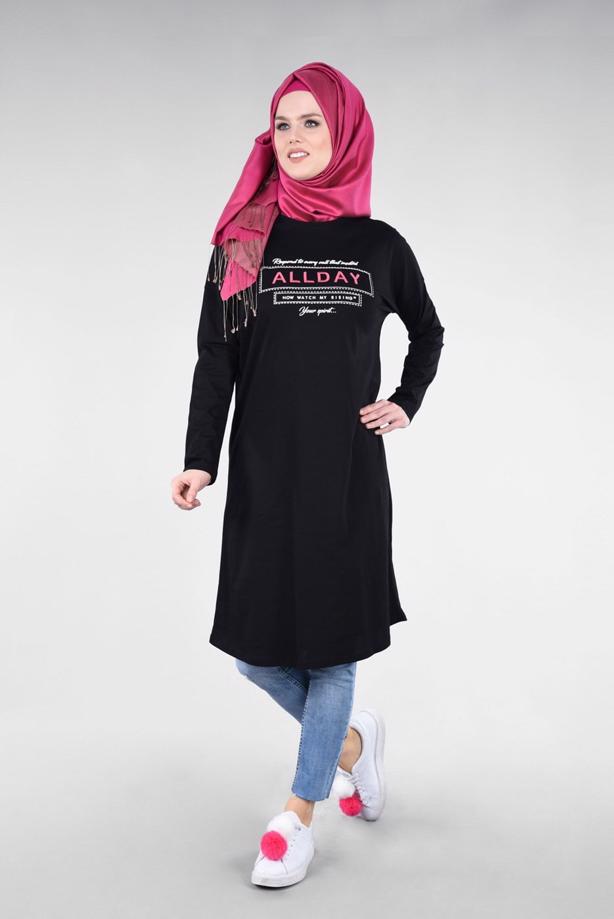Hijab clothing BLACK T 88115 Allday-Örme Tesettür Tunik - TRENDTESETTÜR