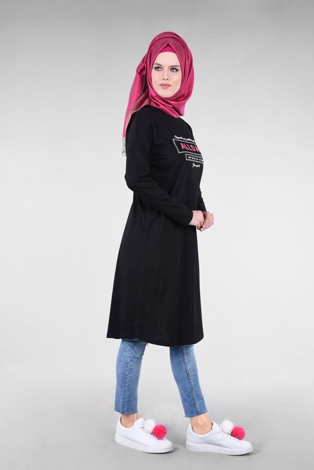 Hijab clothing BLACK T 88115 Allday-Örme Tesettür Tunik - TRENDTESETTÜR