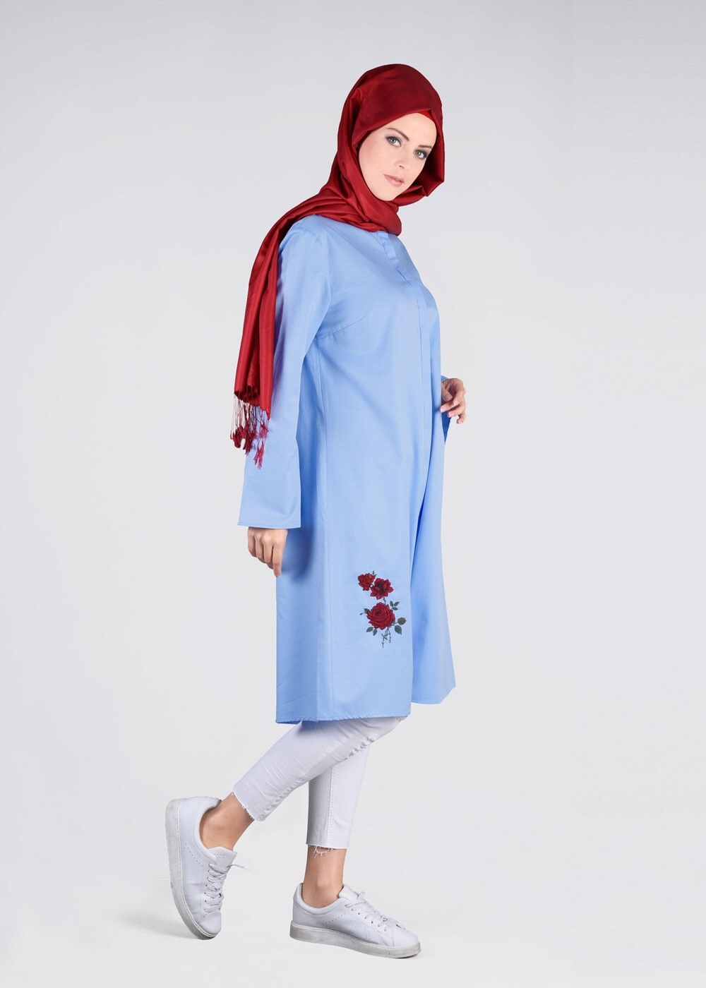 Vêtements hijab BLEU T 95115 Allday-Nakışlı Tesettür Tunik