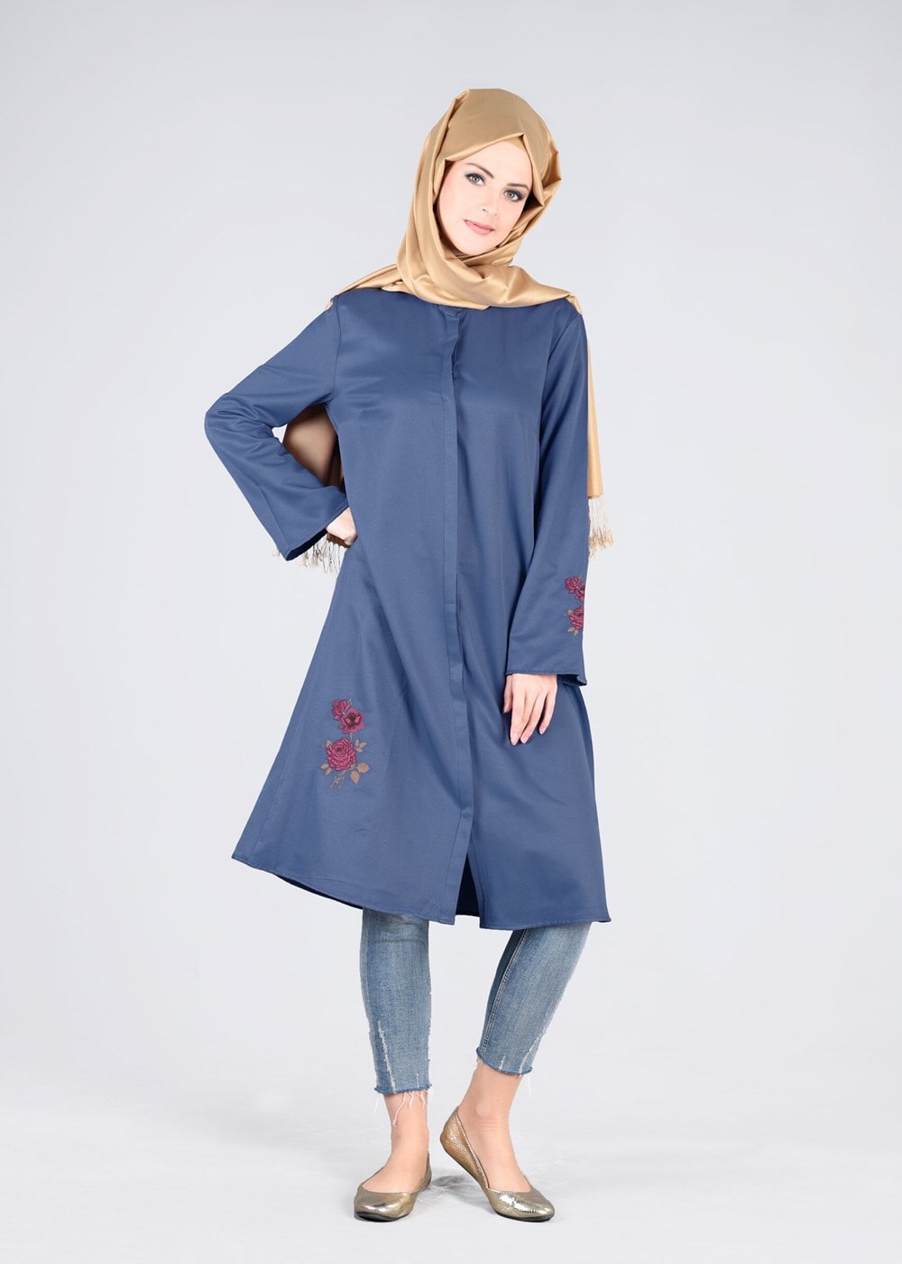 Hijab clothing NAVY BLUE T 95115 Allday-Nakışlı Tesettür Tunik