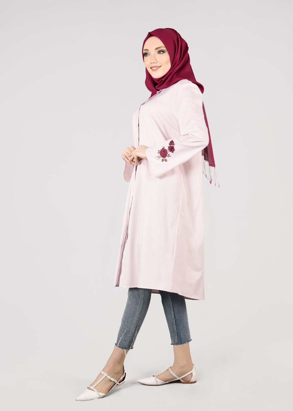 Tesettür giyim PEMBE T 95115 Allday-Nakışlı Tesettür Tunik