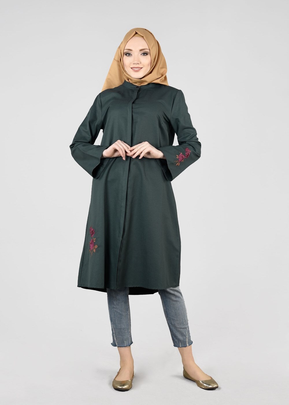 Tesettür giyim YEŞİL T 95115 Allday-Nakışlı Tesettür Tunik