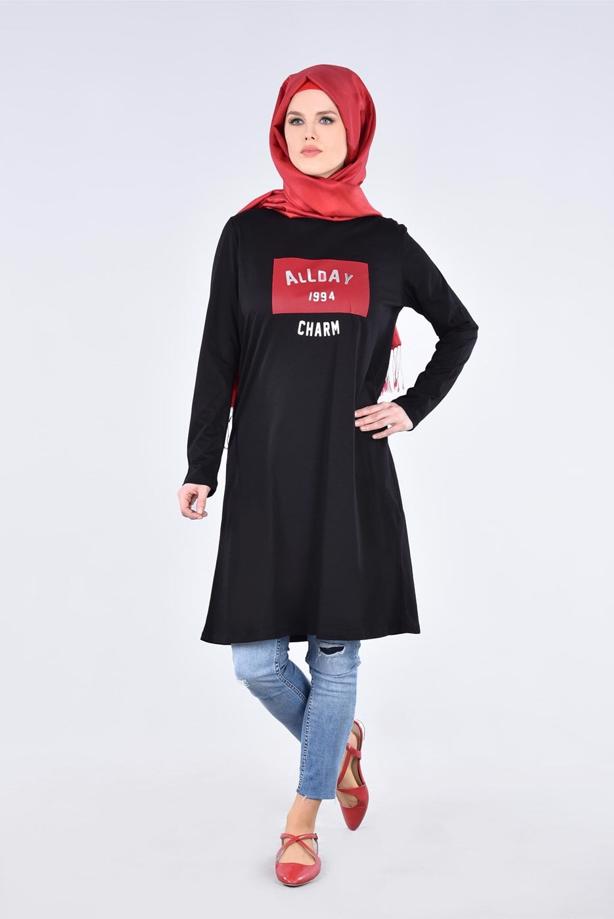 Vêtements hijab NOIR T 99115 Allday-Örme Tesettür Tunik - TRENDTESETTÜR