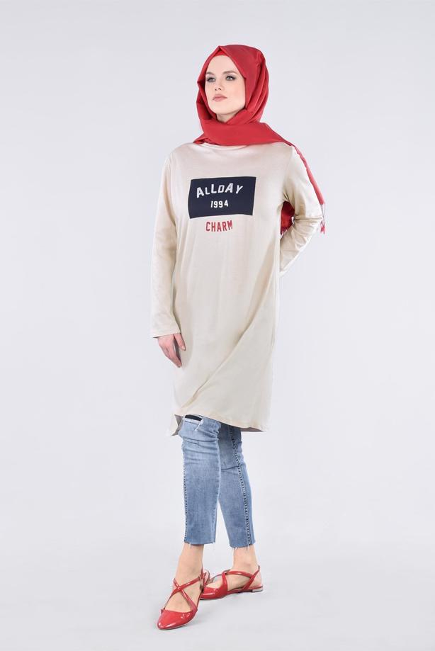 Vêtements hijab BEIGE T 99115 Allday-Örme Tesettür Tunik - TRENDTESETTÜR