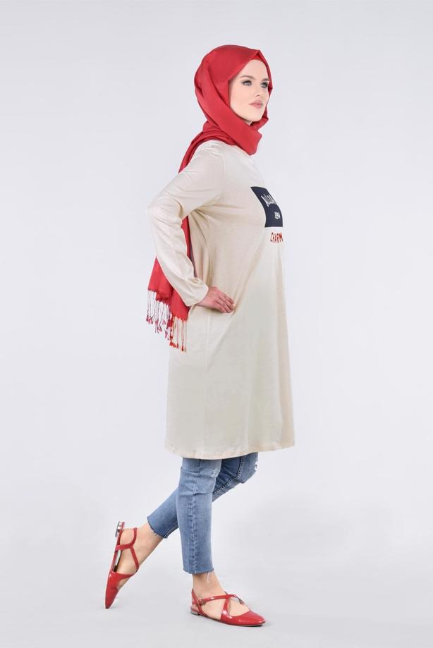 Vêtements hijab BEIGE T 99115 Allday-Örme Tesettür Tunik - TRENDTESETTÜR
