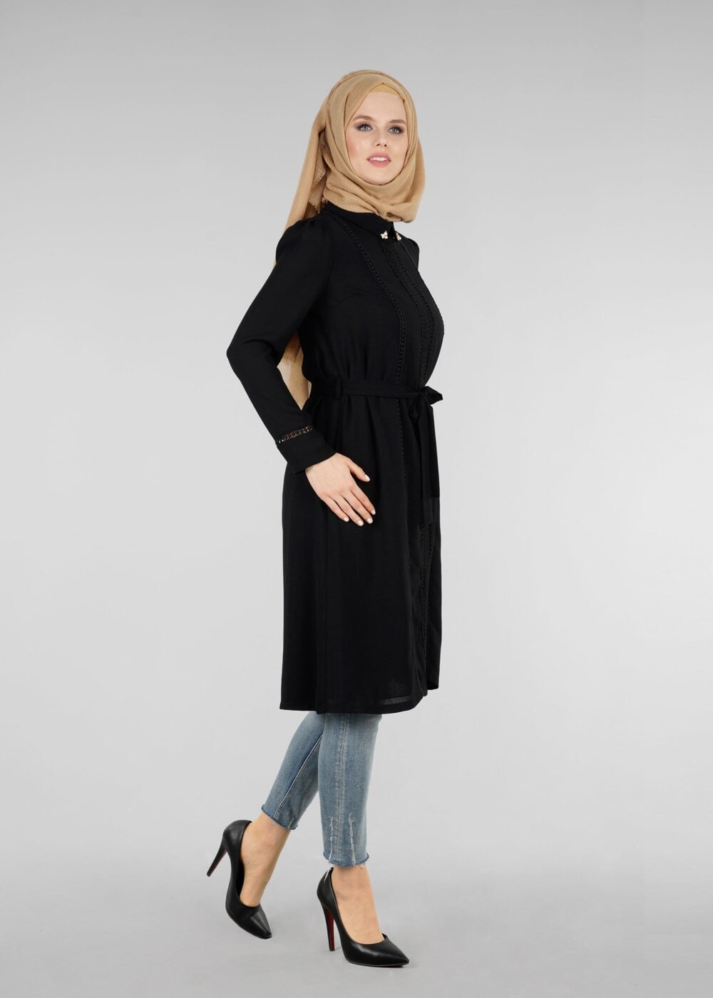 Tesettür giyim SİYAH T 0028 Stilife- Güpür Detaylı Tunik