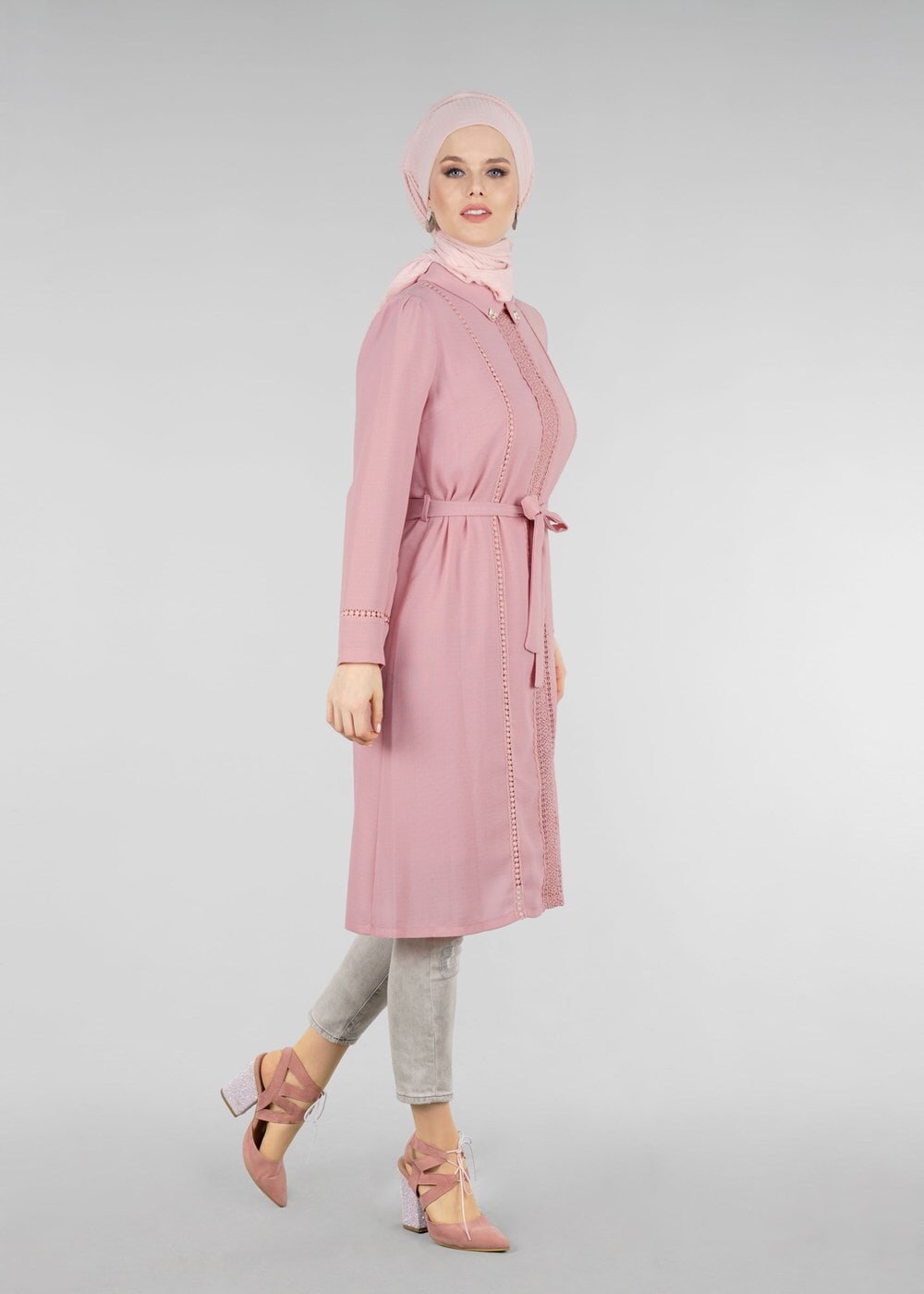 Tesettür giyim PUDRA T 0028 Stilife- Güpür Detaylı Tunik