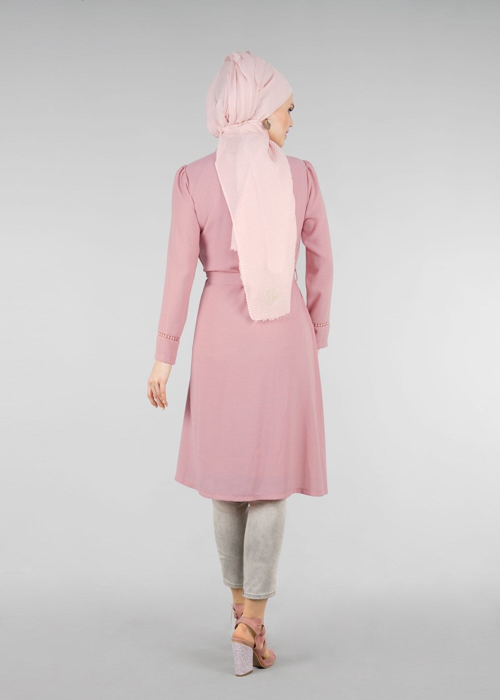 Tesettür giyim PUDRA T 0028 Stilife- Güpür Detaylı Tunik