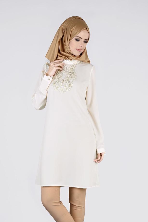 Vêtements hijab  T 0031 Gürbüz-Boncuk İşlemeli Tunik - TRENDTESETTÜR