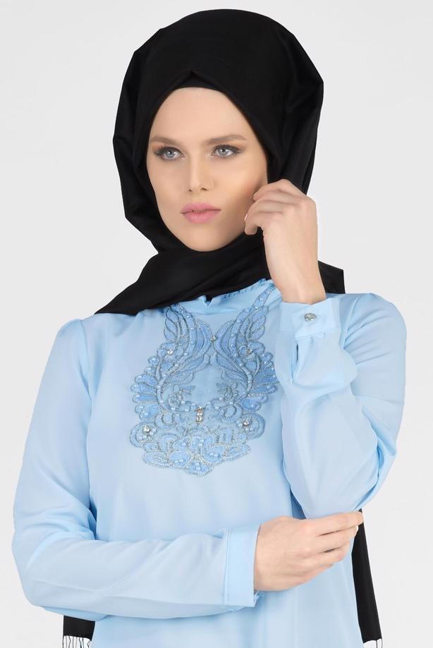 Vêtements hijab  T 0031 Gürbüz-Boncuk İşlemeli Tunik - TRENDTESETTÜR