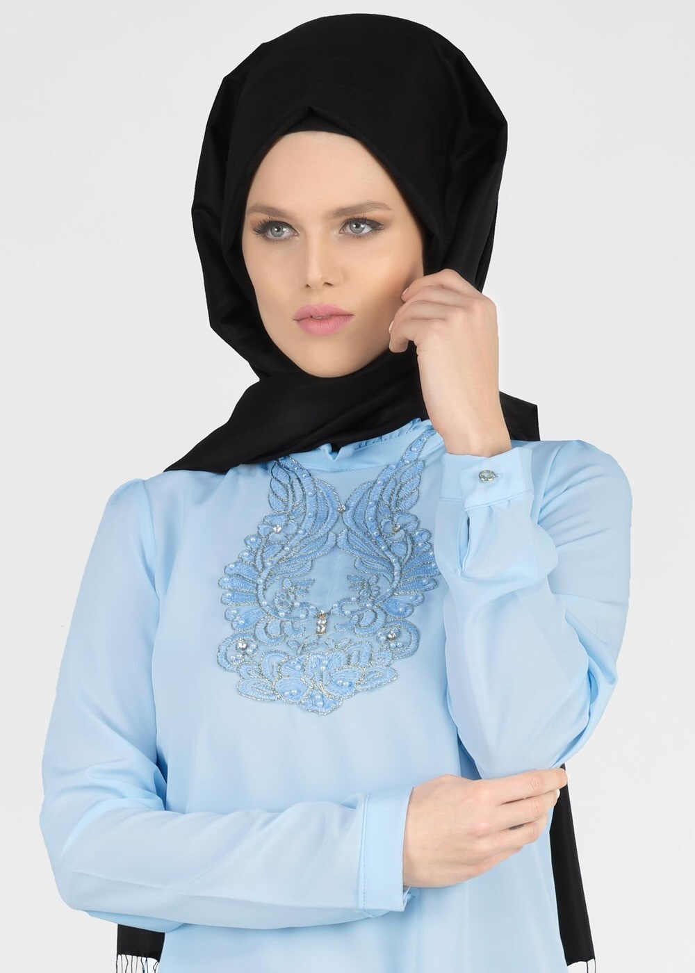 Hijab clothing BLUE T 0031 Gürbüz-Boncuk İşlemeli Tunik