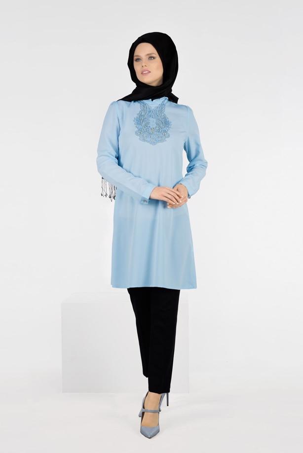 Vêtements hijab  T 0031 Gürbüz-Boncuk İşlemeli Tunik - TRENDTESETTÜR