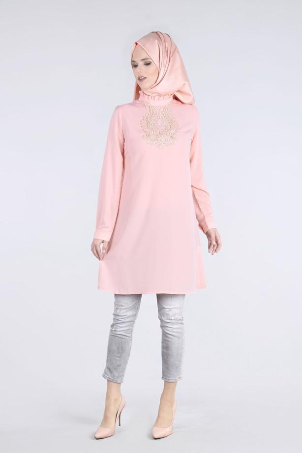 Vêtements hijab  T 0031 Gürbüz-Boncuk İşlemeli Tunik - TRENDTESETTÜR