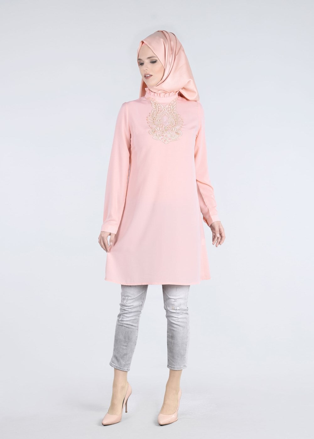 Hijab clothing POWDER T 0031 Gürbüz-Boncuk İşlemeli Tunik