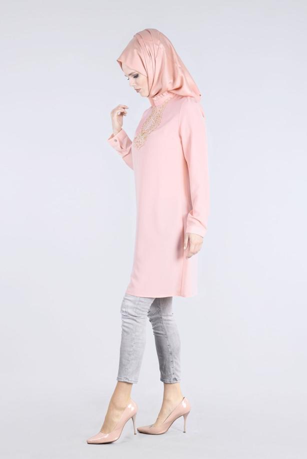 Vêtements hijab  T 0031 Gürbüz-Boncuk İşlemeli Tunik - TRENDTESETTÜR