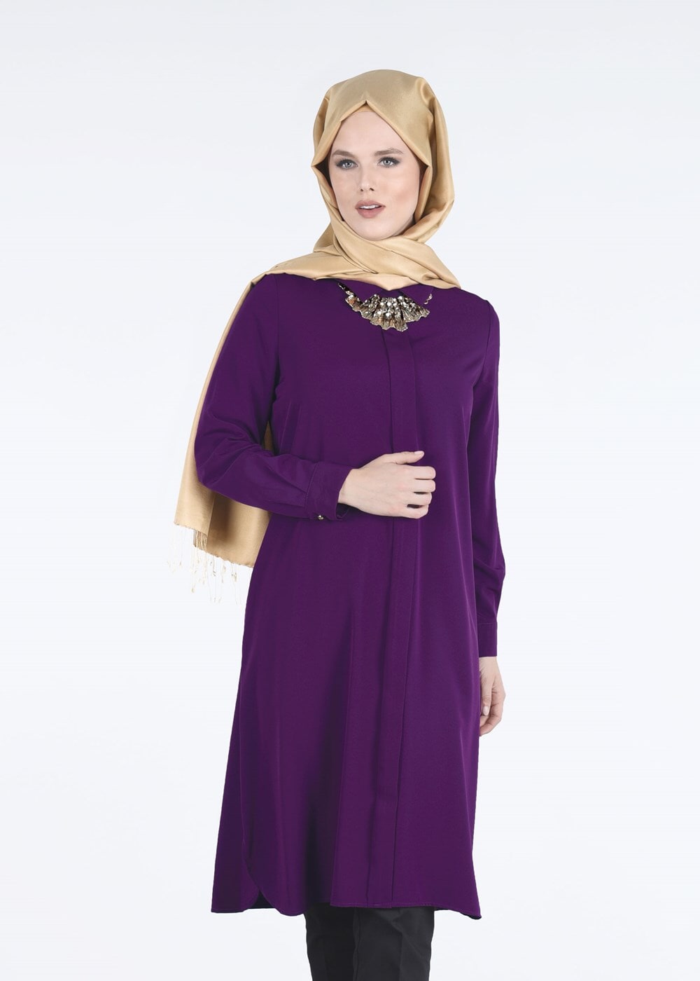 Tesettür giyim MOR T 0079  Erkek Yaka Uzun Tunik-Bwest