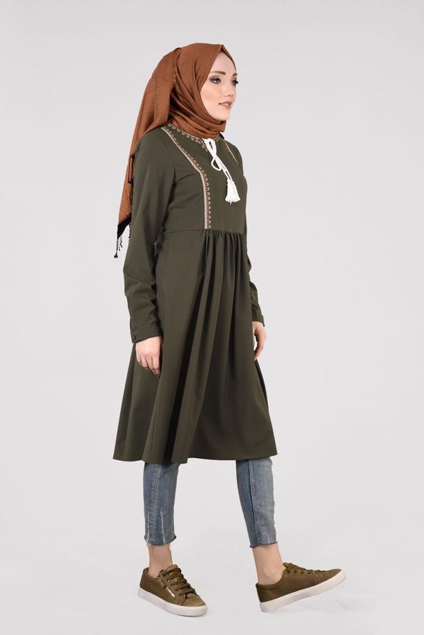 Vêtements hijab  T 156 Miss Puan-Pile Detaylı Uzun Tunik - TRENDTESETTÜR