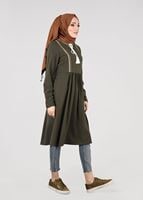 Vêtements hijab KAKI T 156 Miss Puan-Pile Detaylı Uzun Tunik