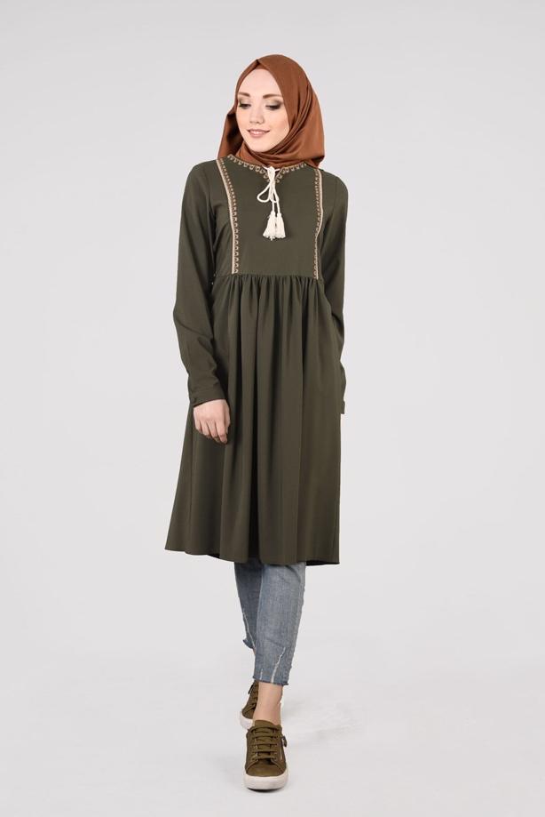 Vêtements hijab  T 156 Miss Puan-Pile Detaylı Uzun Tunik - TRENDTESETTÜR