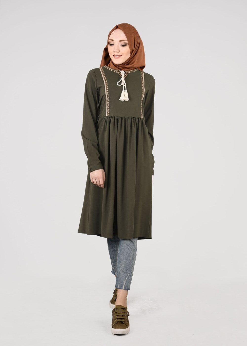 Hijab clothing KHAKI T 156 Miss Puan-Pile Detaylı Uzun Tunik