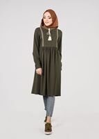 Vêtements hijab KAKI T 156 Miss Puan-Pile Detaylı Uzun Tunik