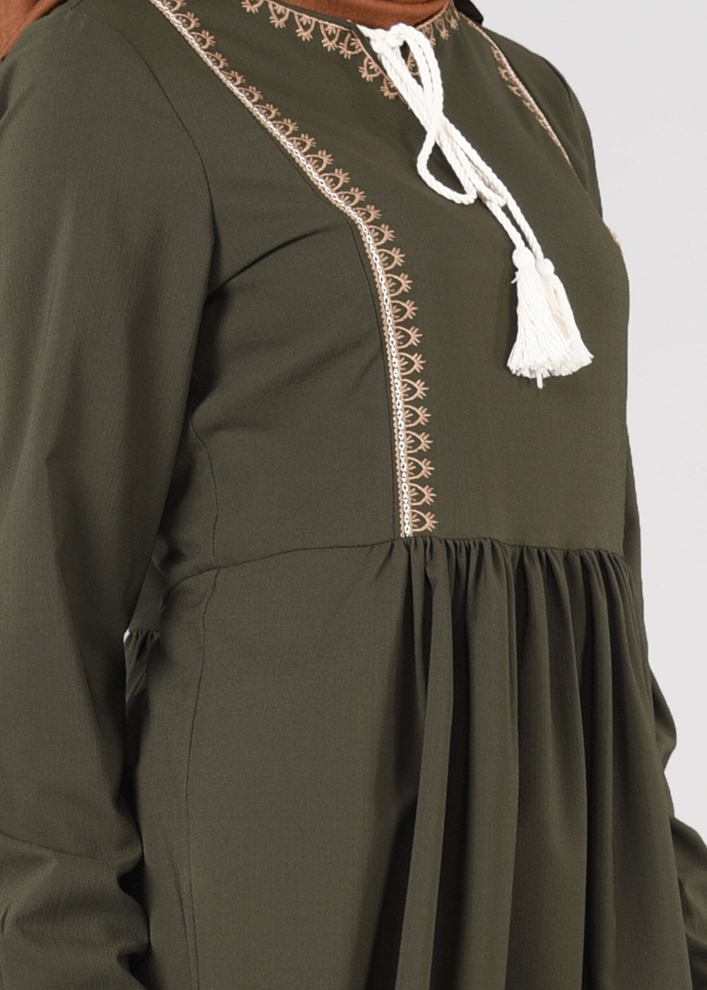 Hijab clothing KHAKI T 156 Miss Puan-Pile Detaylı Uzun Tunik
