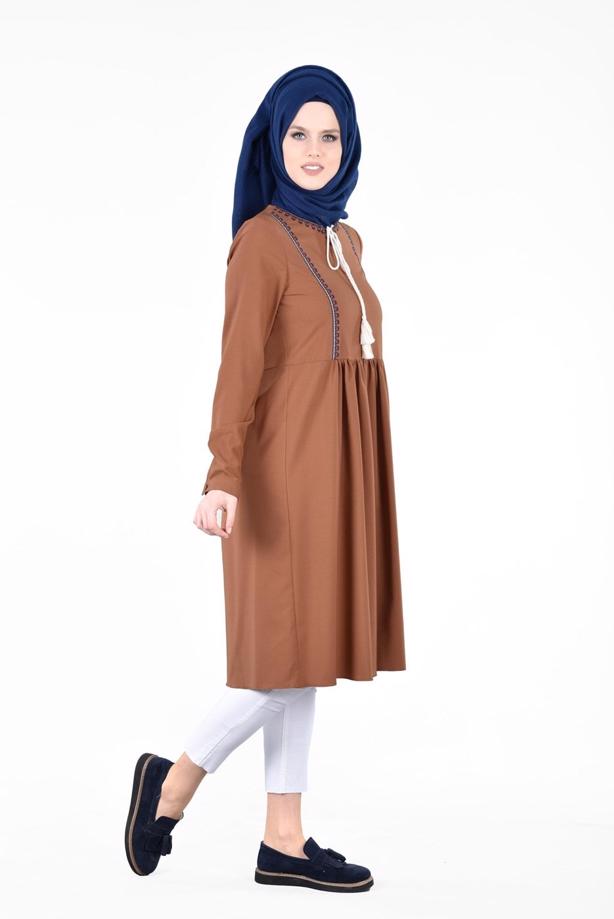 Vêtements hijab  T 156 Miss Puan-Pile Detaylı Uzun Tunik - TRENDTESETTÜR