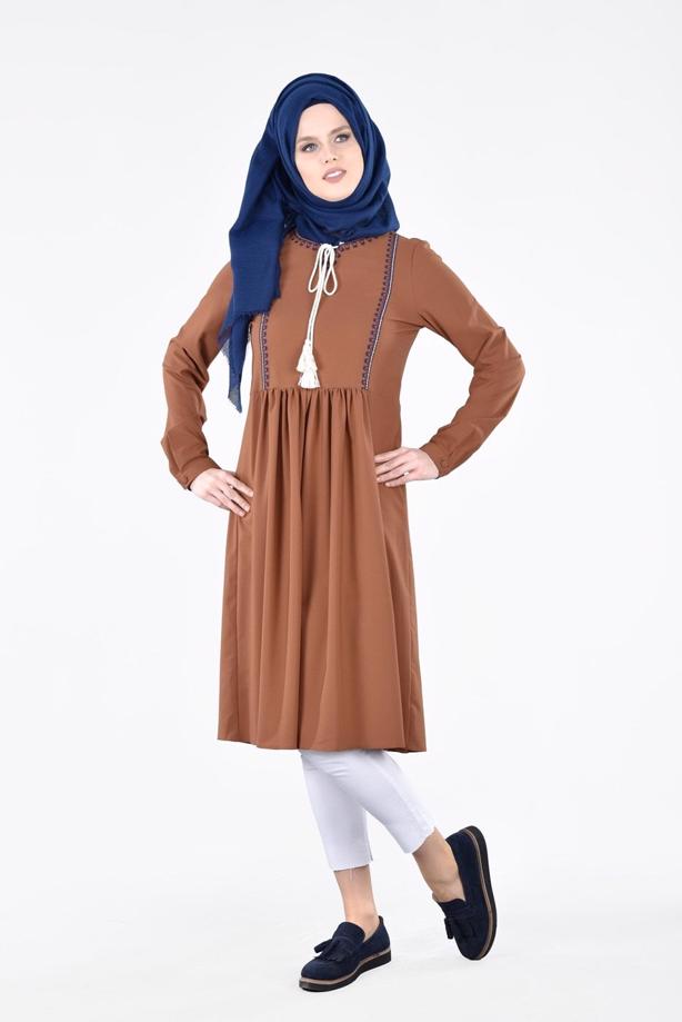 Vêtements hijab  T 156 Miss Puan-Pile Detaylı Uzun Tunik - TRENDTESETTÜR