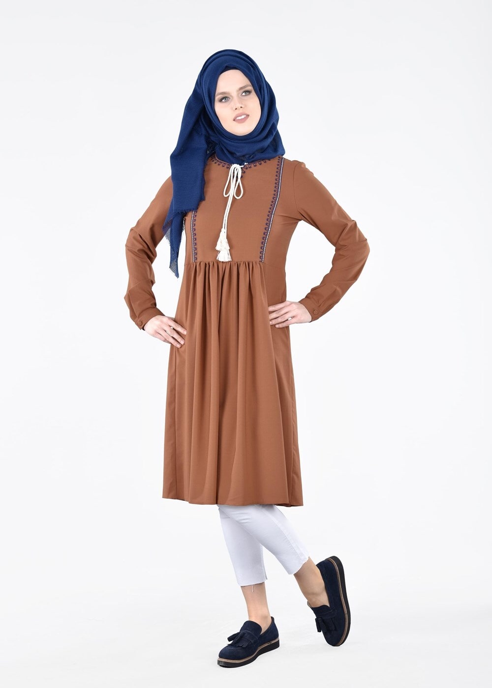 Vêtements hijab TABA T 156 Miss Puan-Pile Detaylı Uzun Tunik