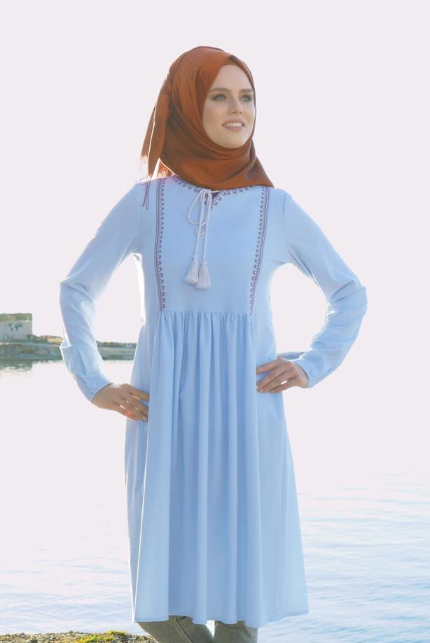 Vêtements hijab  T 156 Miss Puan-Pile Detaylı Uzun Tunik - TRENDTESETTÜR