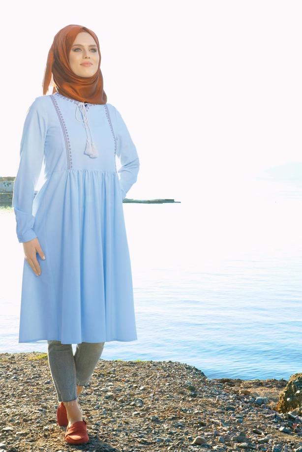 Vêtements hijab  T 156 Miss Puan-Pile Detaylı Uzun Tunik - TRENDTESETTÜR