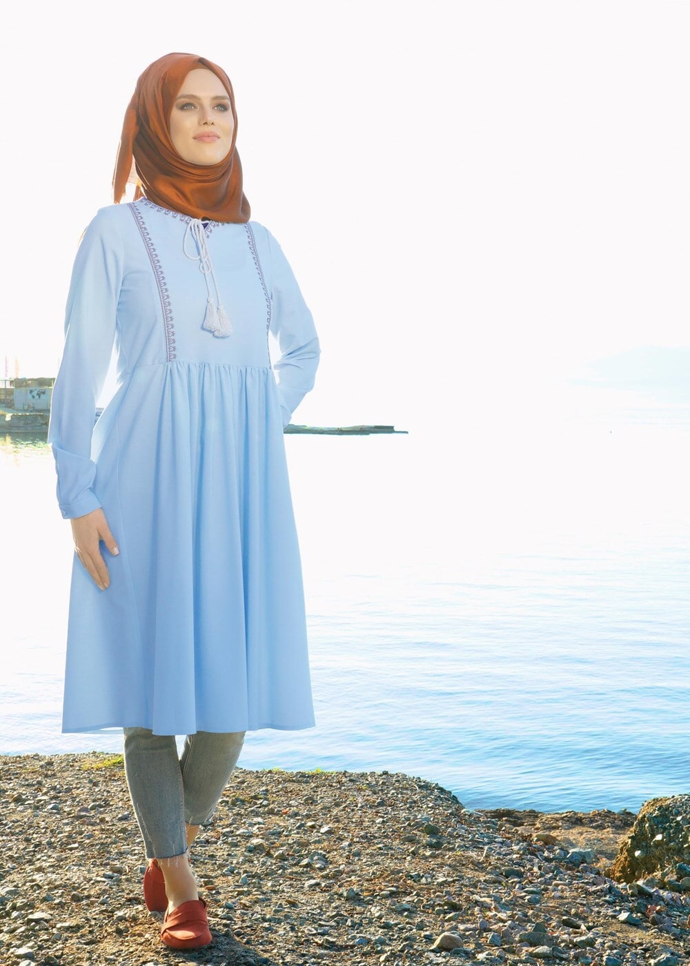 Hijab clothing BLUE T 156 Miss Puan-Pile Detaylı Uzun Tunik