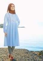 Hijab clothing BLUE T 156 Miss Puan-Pile Detaylı Uzun Tunik