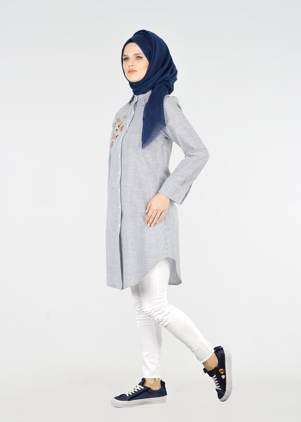 Hijab clothing BLACK T 356 Miss Puan-Çizgi Desenli Tunik