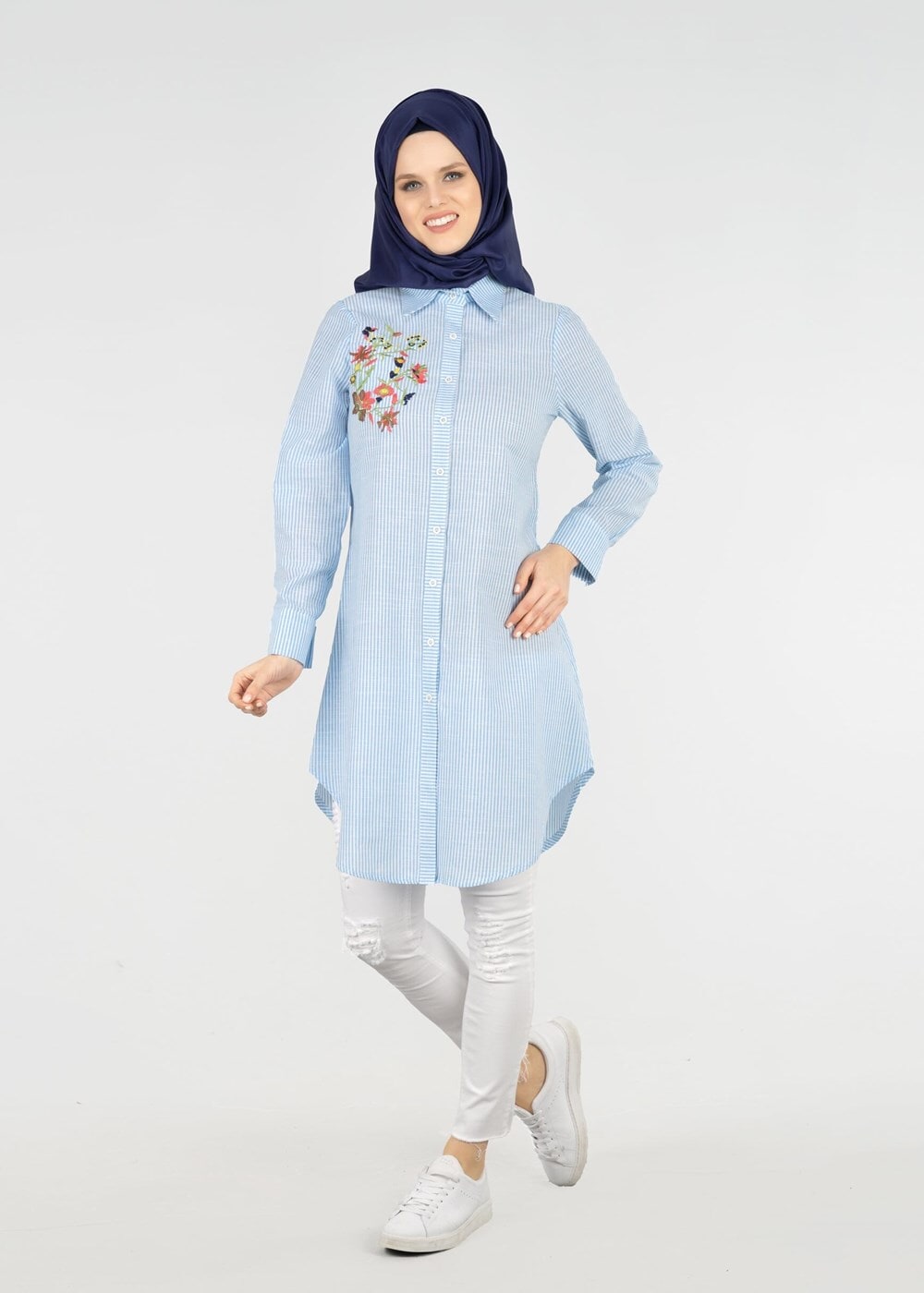 Vêtements hijab BLEU T 356 Miss Puan-Çizgi Desenli Tunik