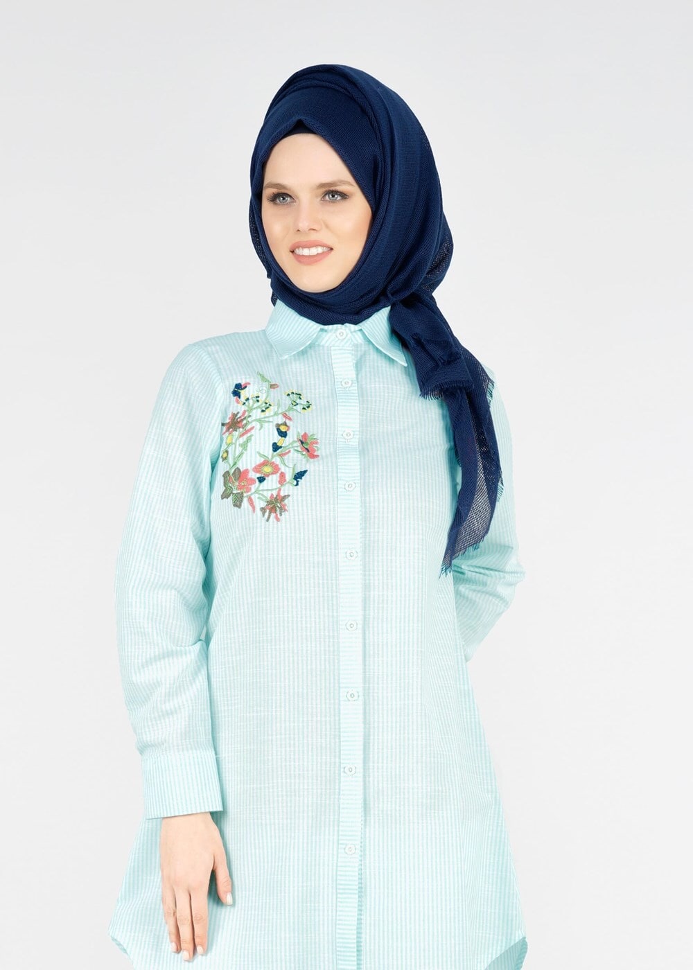 Vêtements hijab VERT T 356 Miss Puan-Çizgi Desenli Tunik