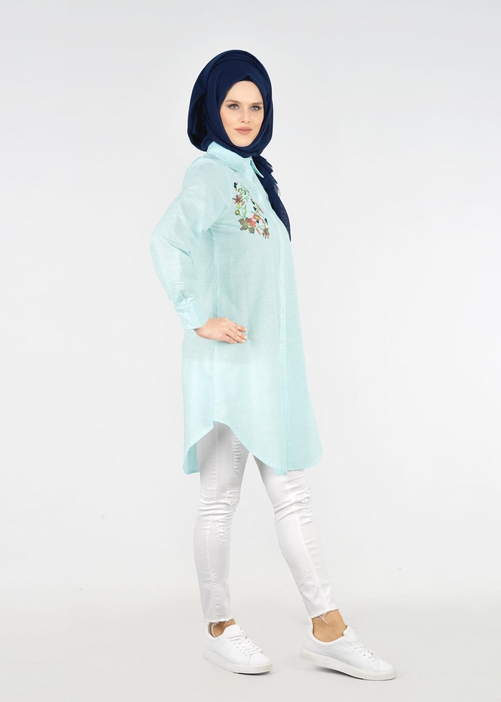 Hijab clothing GREEN T 356 Miss Puan-Çizgi Desenli Tunik