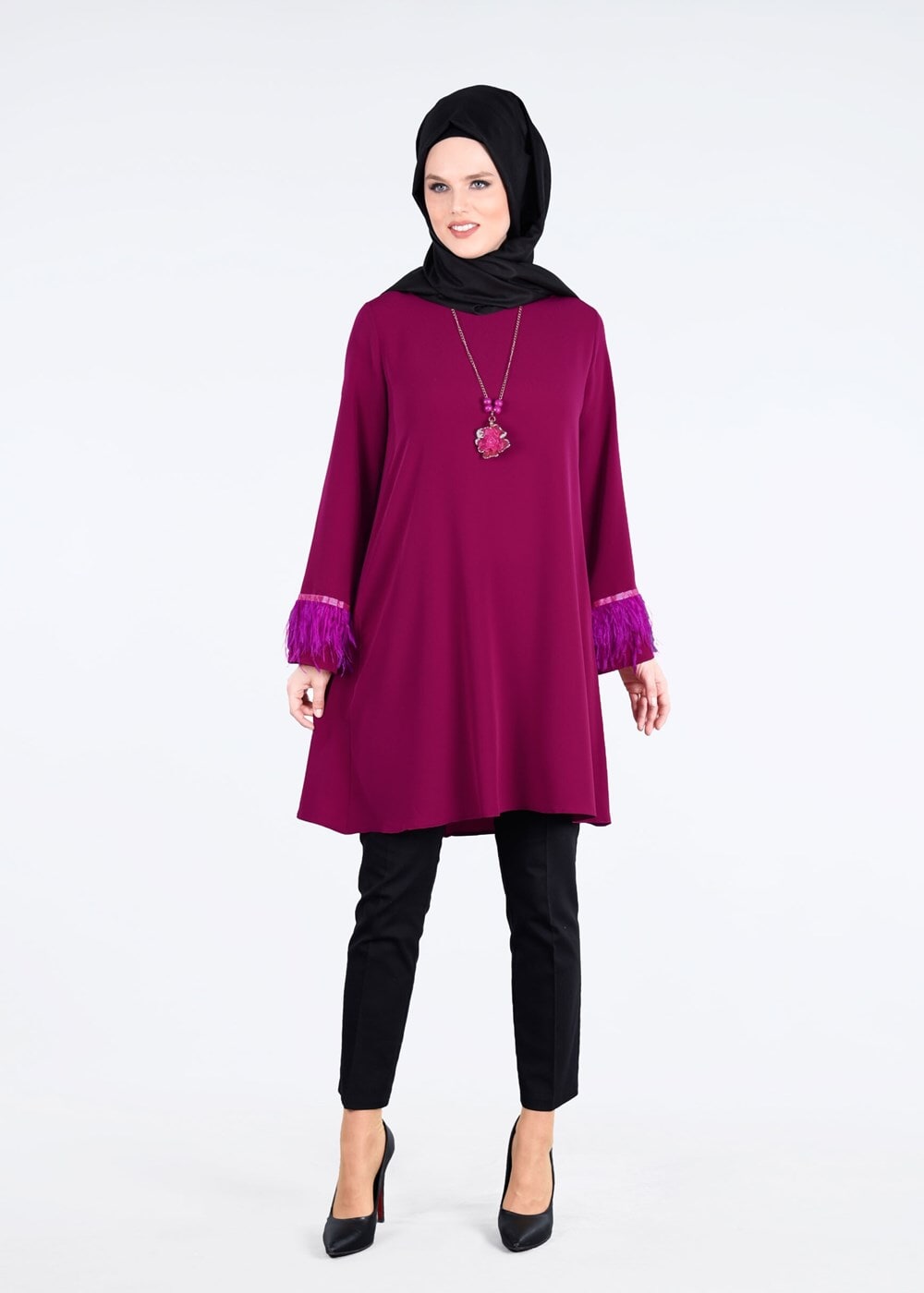 Vêtements hijab FUCHSIA T 0805 Tül  Detaylı Tunik-Pr Collection