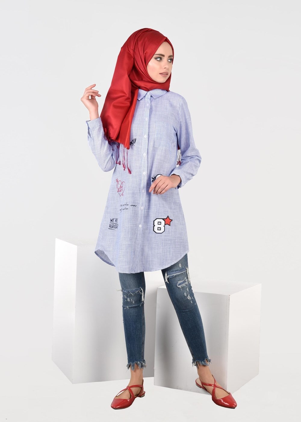 Tesettür giyim LACİVERT T 0931 ModaBu-Arma Detaylı Çizgi Desenli Tunik