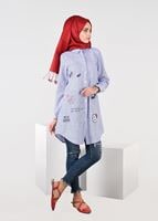 Tesettür giyim LACİVERT T 0931 ModaBu-Arma Detaylı Çizgi Desenli Tunik