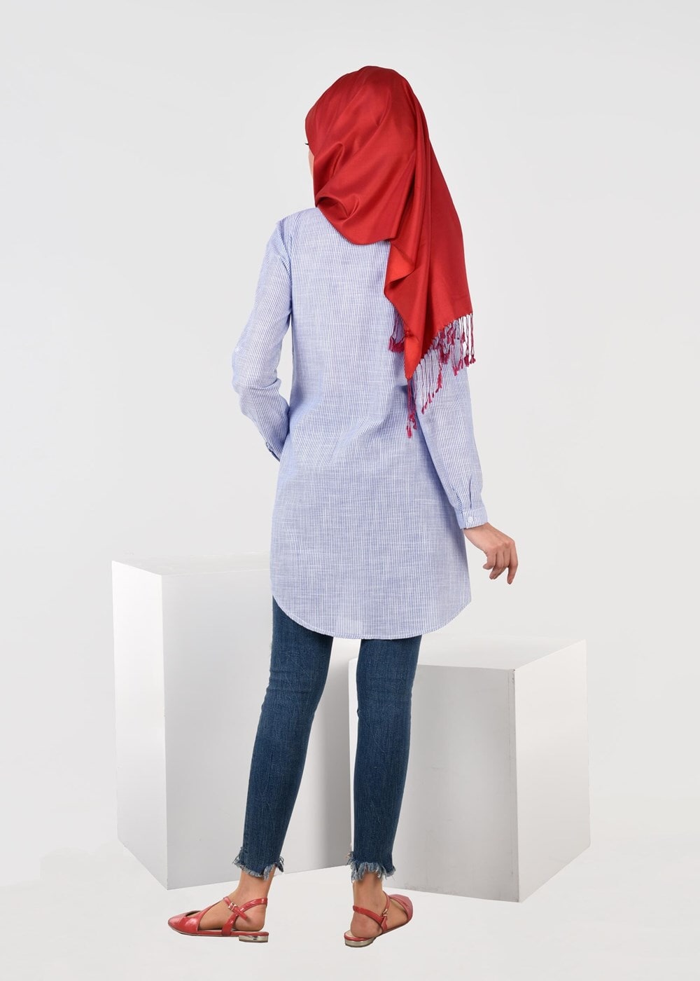 Tesettür giyim LACİVERT T 0931 ModaBu-Arma Detaylı Çizgi Desenli Tunik