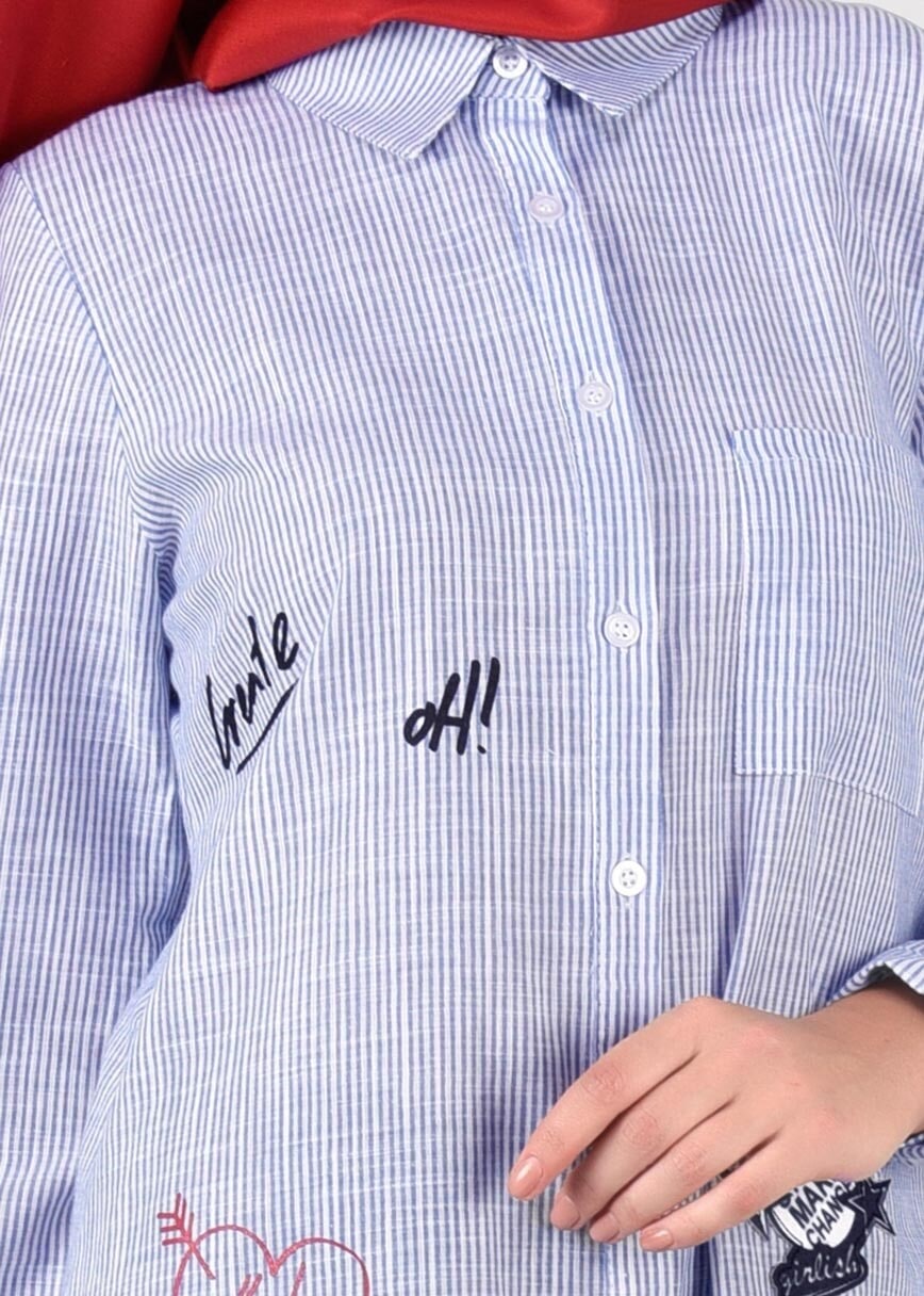 Tesettür giyim LACİVERT T 0931 ModaBu-Arma Detaylı Çizgi Desenli Tunik