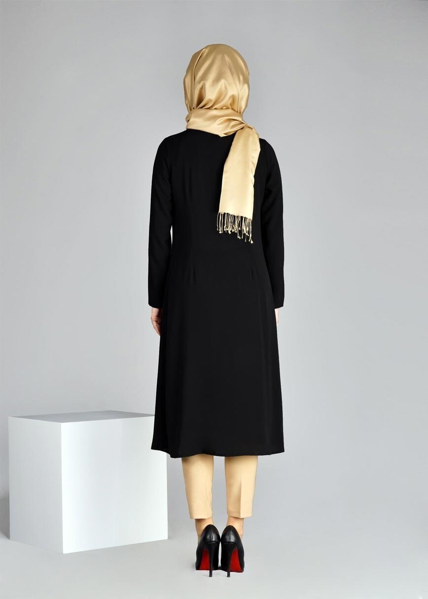 Tesettür giyim SİYAH T 968 Piliseli Tesettür Tunik-Hewes Line