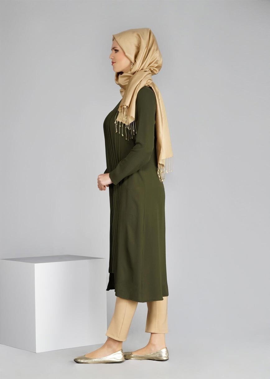 Tesettür giyim HAKİ T 968 Piliseli Tesettür Tunik-Hewes Line