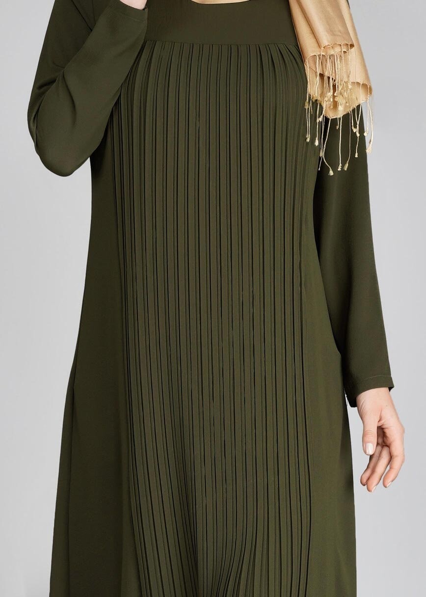 Tesettür giyim HAKİ T 968 Piliseli Tesettür Tunik-Hewes Line